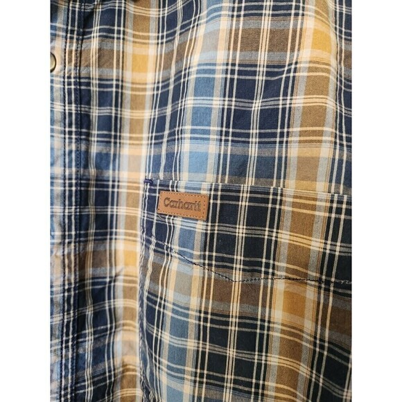 carhartt mens button down shirt sz m euc relaxed fit blue/tan plaid design - Picture 2 of 7